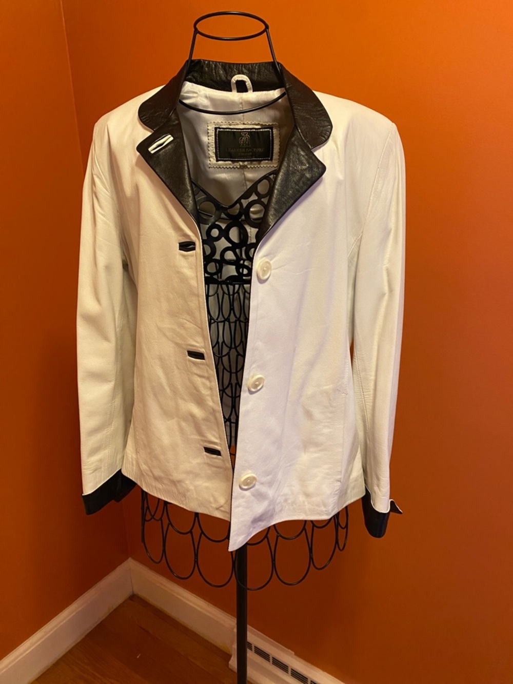 Women's White Leather Jacket with Black Trim